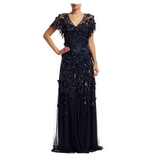 NWT Theia Flutter Sleeve Floral Appliqué Gown